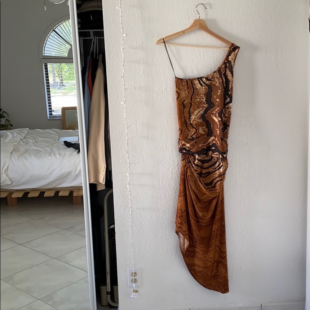 Orna Farho one shoulder animal dress w/ gathering
